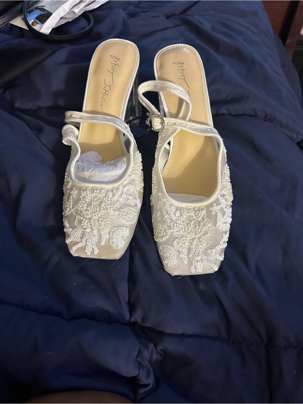 Betsey Johnson White Sequin Embellished Slingback Heels - Picture 9 of 10